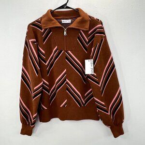 Nine West Quarter Zip Sweater S Brown Caramel Chevron Patterned Pink Black NWT